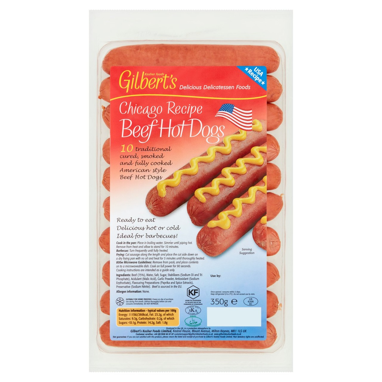Gilbert's Kosher Foods Chicago Recipe Beef Hot Dogs 350g