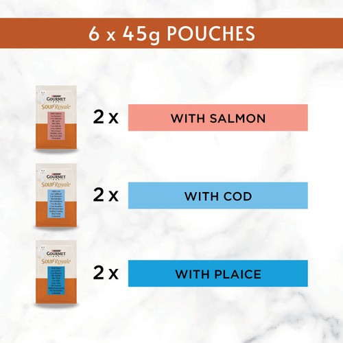 Gourmet Soup Royale Salmon, Cod, Plaice Wet Cat Food Pouch 6 X 45G