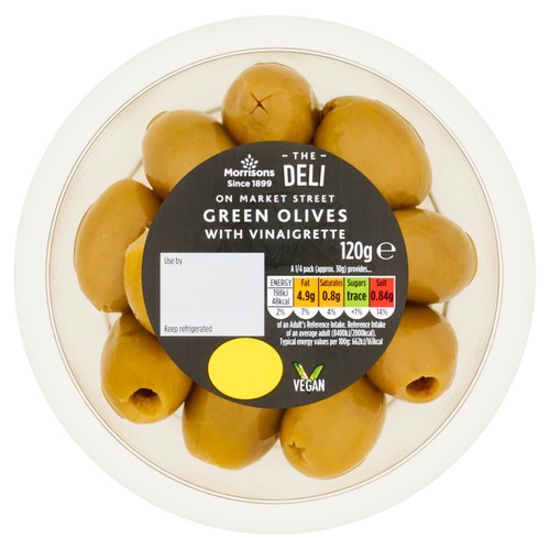 Morrisons the deli on market street green olives with vinaigrette 120g