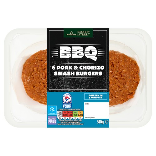Morrisons British Market Street 6 Pork & Chorizo Smash Burgers 510g