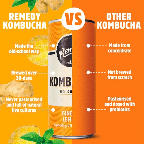 Remedy Ginger Lemon Kombucha Cans   4 x 330ml