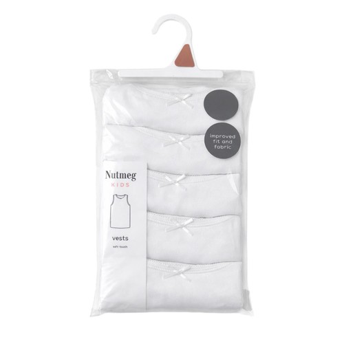 Nutmeg 10-11 Years Kids White Vests 5 Pack