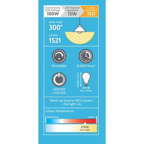 Morrisons LED Filament GLS 1521 Lumens Es 12W Light Bulb