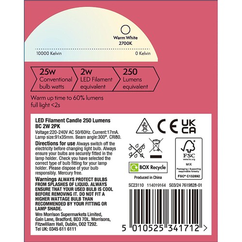 Morrisons LED Filament Candle 250 Lumens Bc 2w 