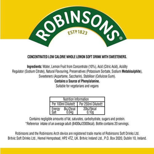 Robinsons Lemon No Added Sugar Squash 1L