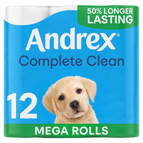 Andrex Complete Clean Toilet Tissue 12 Mega Rolls 50% More Sheets 