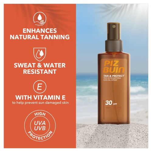 Piz Buin Tan & Protect SPF 30 Oil Spray bottle on a sandy beach, showcasing features such as natural tanning enhancement, sweat resistance, and high UV protection.