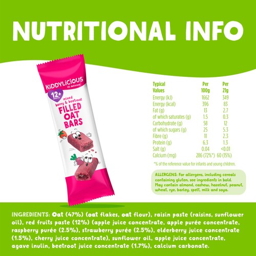 Kiddylicious Berry & Beetroot Filled Oat Bars 12+ Months 5 x 21g (105g)