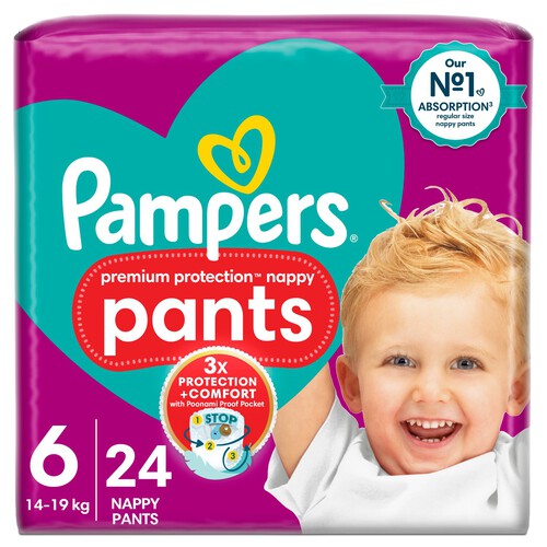 Pampers Premium Protection Nappy Pants Size 6, 24 Nappies Essential Pack