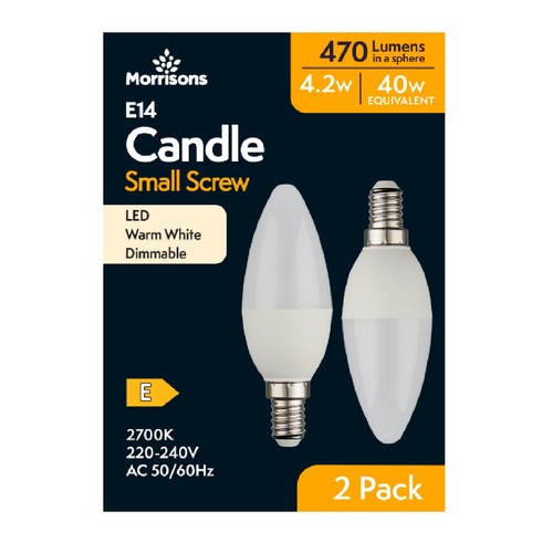Morrisons led candle 470 lumens ses 4 2w dimmable 2700k