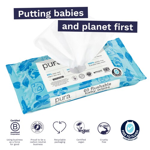 Pura Plastic Free Flushable Baby Wipes