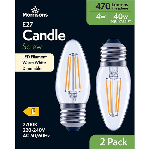 Morrisons LED Filament Candle 470 Lumens ES 4W Dimmable 