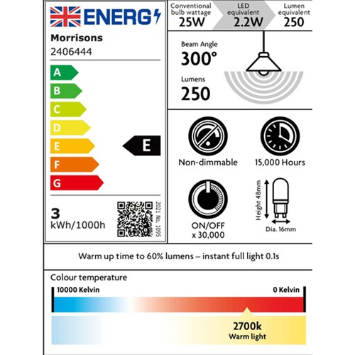 Morrisons LED G9 2.2W 25W 250 Lumens Light Bulb 