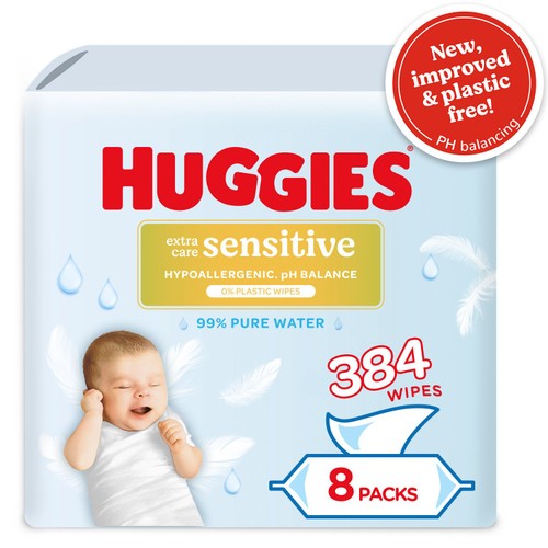 Huggies Pure Extra Care Sensitive Plastic Free Baby Wipes 8 x 48 Pack