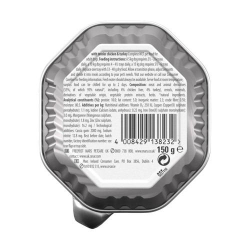 Cesar Classic Terrine Wet Dog Food Tray Chicken & Turkey in Loaf 150g