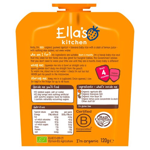 Ella's Kitchen Apricot and Banana Baby Rice Baby Food Pouch 4+ Months 