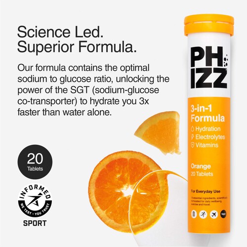 Phizz Orange 3in1 Hydration Electrolytes And Vitamins Effervescent 20s