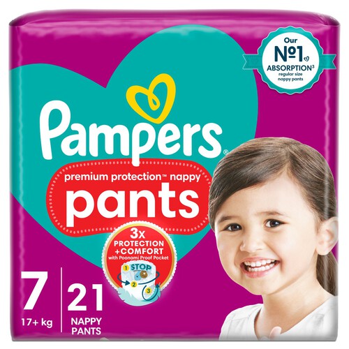 Pampers Premium Protection Nappy Pants Size 7, 21 Nappies Essential Pack