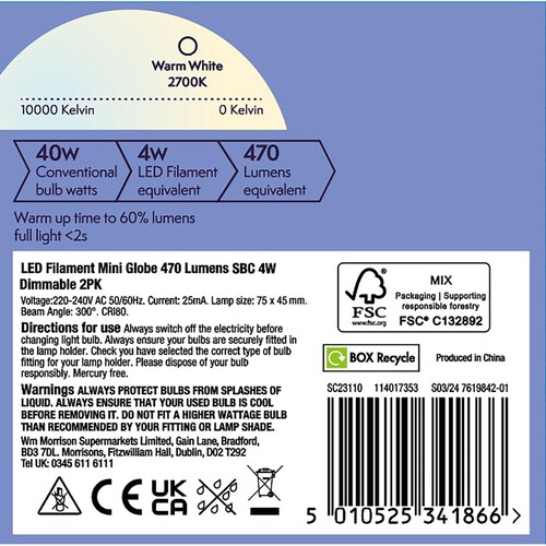 Morrisons LED Mini Globe 470 Lumens SBC 4W Dimmable 