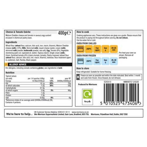 Morrisons Cheese & Tomato Quiche 400g