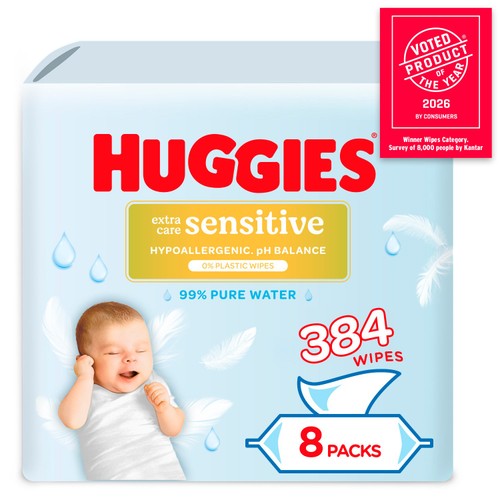 Huggies Pure Extra Care Sensitive Plastic Free Baby Wipes 8 x 48 Pack