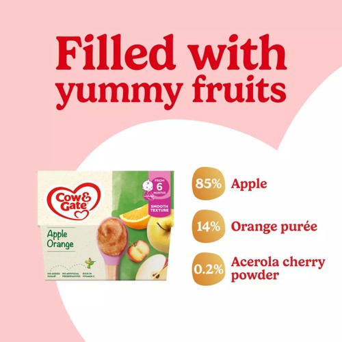 Cow & Gate Apple Orange & Acerola Baby Food Fruit Pot 6+ Months 4x100g
