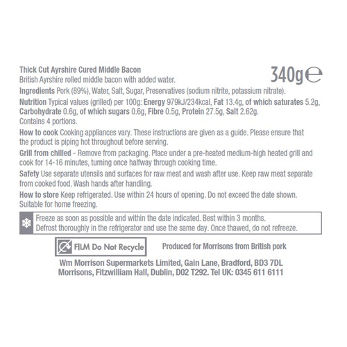Morrisons British Thick Cut Ayrshire Cured Middle Bacon 340g