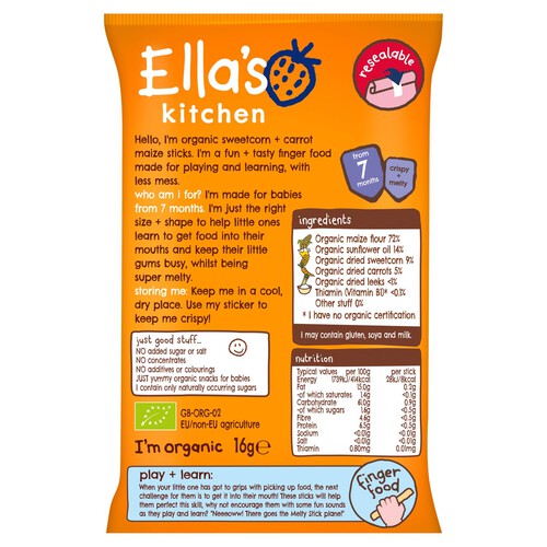 Ella's Kitchen Sweetcorn and Carrot Melty Sticks Baby Snack 7+ Months