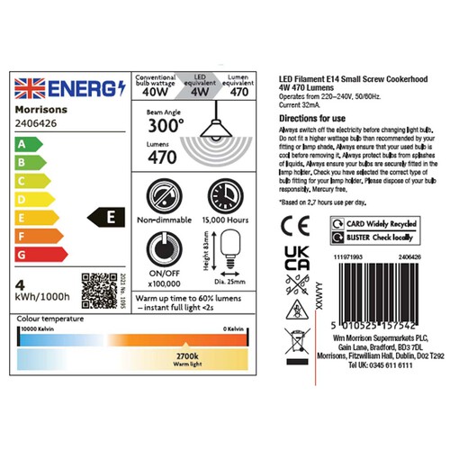 Morrisons Cookerhood Bulb E14 470 Lumens 4W 