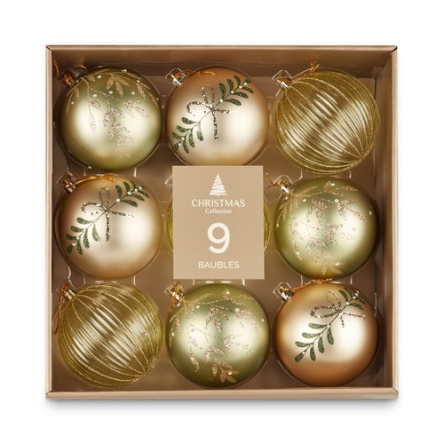 Morrisons Green & Gold Baubles 9 Pack