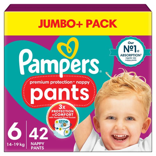 Pampers Premium Protection Nappy Pants Size 6, 42 Nappies, Jumbo+ Pack