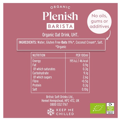 Plenish Organic Barista Oat Drink Chilled 1L