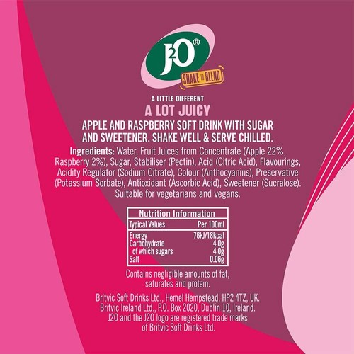 J2O Apple & Raspberry 4 Bottles