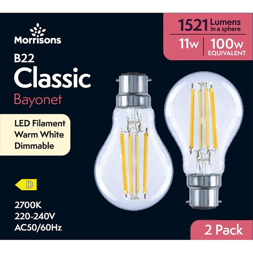 Morrisons LED Filament GLS 1521 Lumens BC 11W Dimmable 