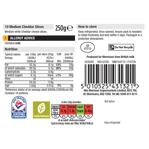 Morrisons Medium Cheddar Slices 250g