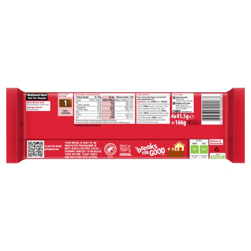 KitKat 4 Finger Milk Chocolate Bar Multipack 4x41.5g