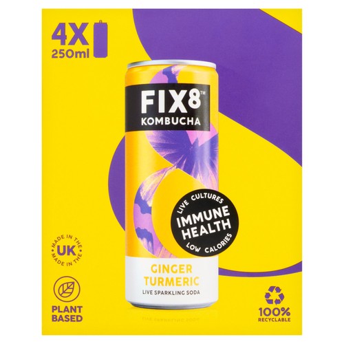 Fix8 Kombucha Ginger Turmeric Live Sparkling Soda 4 x 250ml