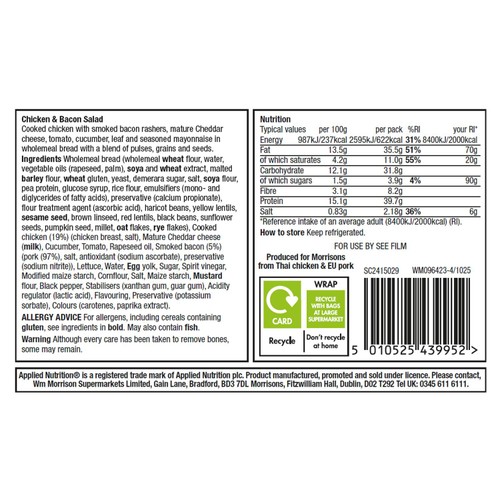 Applied Nutrition High Protein Chicken & Bacon Salad Sandwich  264g