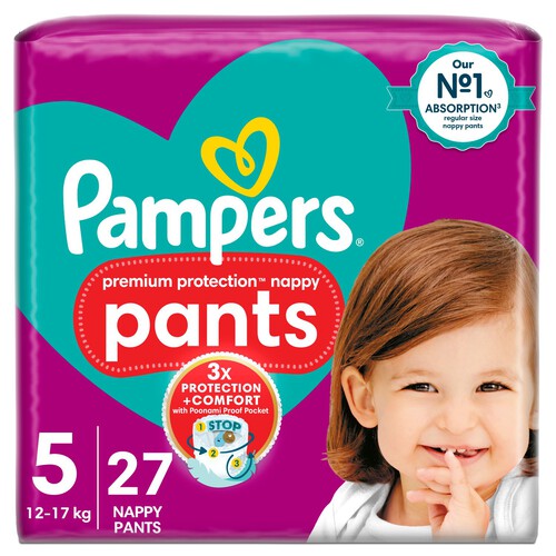 Pampers Premium Protection Nappy Pants Size 5, 27 Nappies Essential Pack