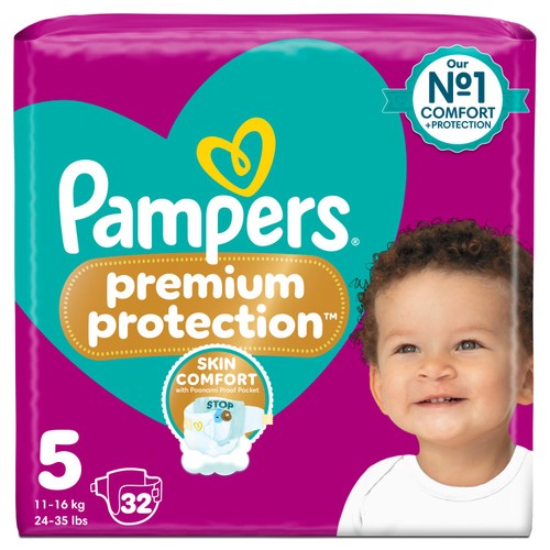 Pampers Premium Protection Size 5, 32 Nappies, 11kg - 16kg, Essential Pack