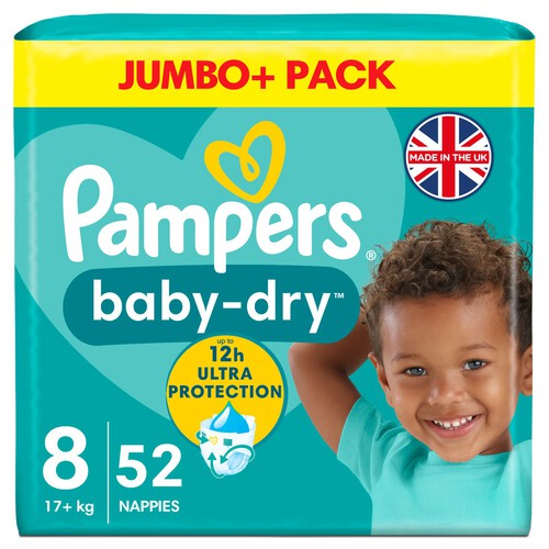 Pampers Baby-Dry Size 8, 52 Nappies, 17kg+, Jumbo+ Pack