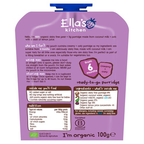 Ella's Kitchen Dairy Free Pear and Fig Porridge Baby Food Pouch 6+ Months