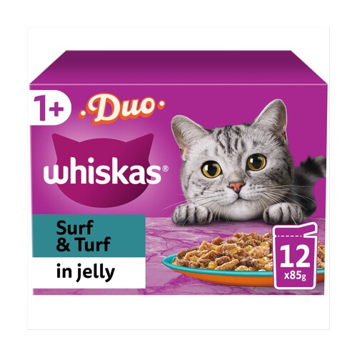 Whiskas 1+ Duo Surf and Turf Adult Wet Cat Food Pouches in Jelly 