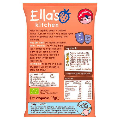 Ella's Kitchen Peach and Banana Melty Sticks Baby Snack 7+ Months