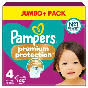 Pampers Premium Protection 62 Nappies Taped Size 4 Maxi Jumbo+Pack