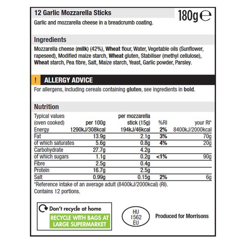 Morrisons 12 Garlic Mozzarella Sticks 180G