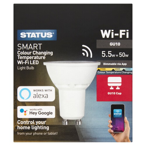 Status 5.5W Gu10 SMART Wi-fi Colour Changing Temperature LED Light Bulb