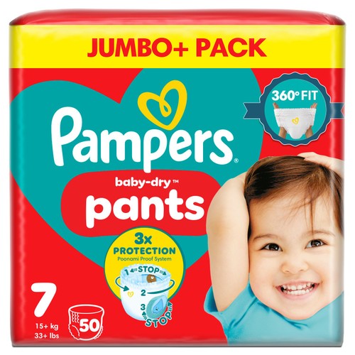 Pampers Baby-Dry Nappy Pants Size 7, 50 Nappies, 17kg+, Jumbo+