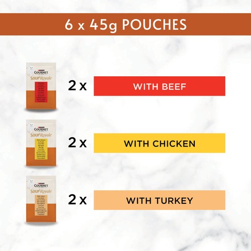 Gourmet Soup Royale Chicken, Beef, Turkey Wet Cat Food Pouch 6 X 45G