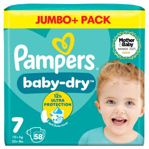 Pampers Baby-Dry Size 7, 58 Nappies, 15kg+, Jumbo+ Pack